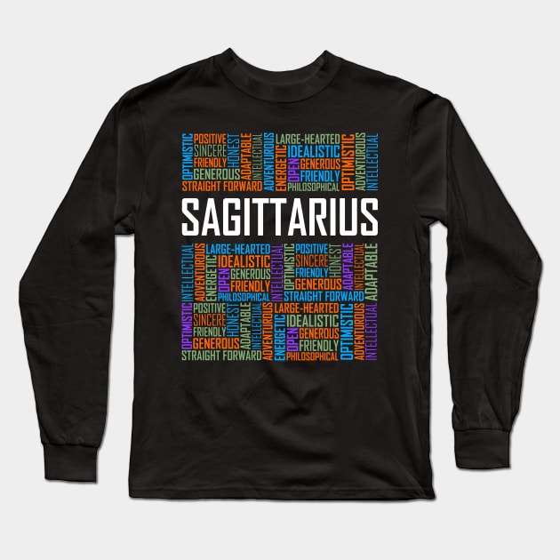 Sagittarius Zodiac Words Long Sleeve T-Shirt by LetsBeginDesigns